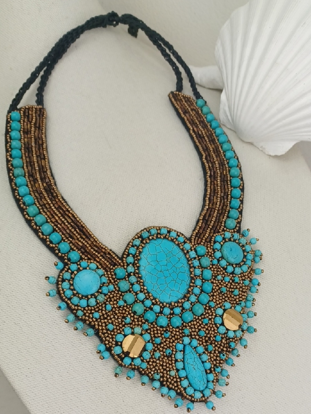 Handcrafted Turquoise Tone Stone Copper Beaded Gorgeous Tribal Boho Necklace
